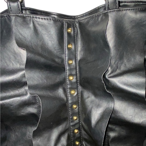 DSW Y2K Large Black Ruffle Gold Studded Tote Bag with Chain Straps - Picture 4 of 8